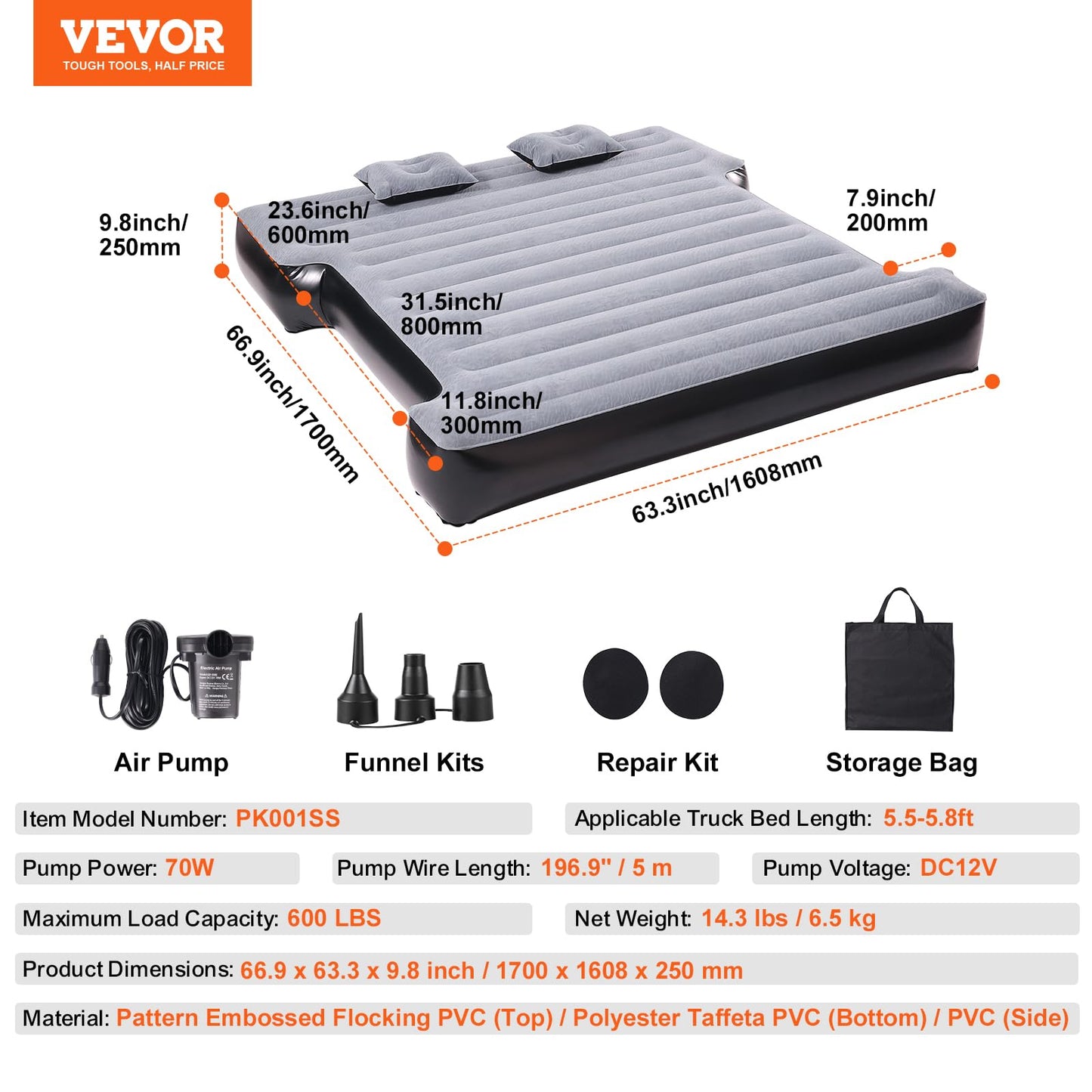 VEVOR Truck Bed Air Mattress, for 5.5-5.8 ft Full Size Short Truck Beds, Inflatable Air Mattress Camping Bed with 12V Air Pump 2 Pillows, Carry Bag, for Silverado, RAM, F Series, Sierra, Titan, Tundra VEVOR