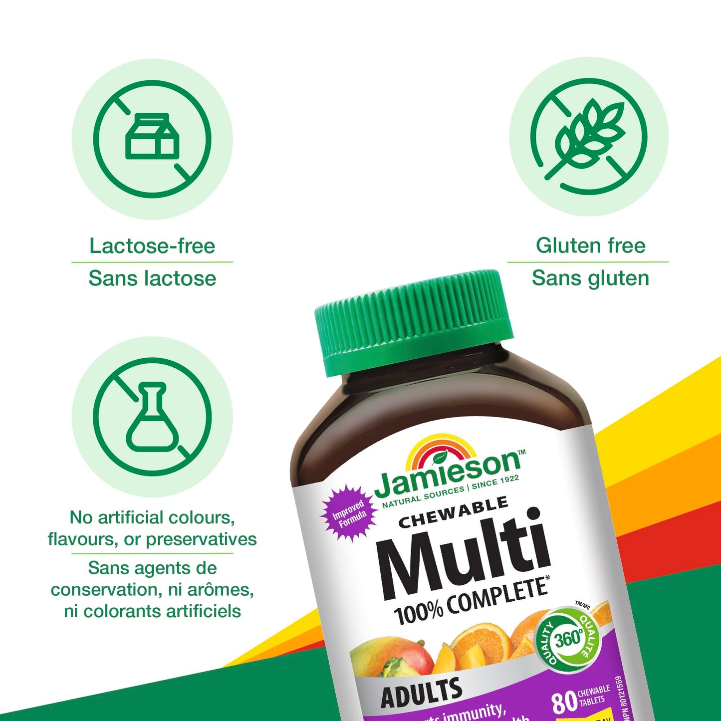 Jamieson 100% Complete Multivitamin Chewable for Adults Citrus Twist Flavour, with Lutein, Calcium, and Biotin. Supports Immunity, Energy, and Overall Health, No Artificial Colours, Flavours, or Preservatives, One Per Day, 80 Count - Available at All In One Marketplace Canada