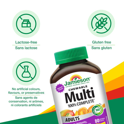 Jamieson 100% Complete Multivitamin Chewable for Adults Citrus Twist Flavour, with Lutein, Calcium, and Biotin. Supports Immunity, Energy, and Overall Health, No Artificial Colours, Flavours, or Preservatives, One Per Day, 80 Count - Available at All In One Marketplace Canada