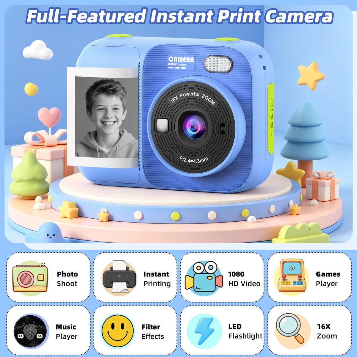 Kids Instant Print Camera with 5 Rolls Print Paper, 1080P HD Camera, Rechargeable Portable Toddler Selfie Camera, Christmas Birthday Gifts Toys for Boys Girls Age 3-12 🍁 All In One Marketplace Canada