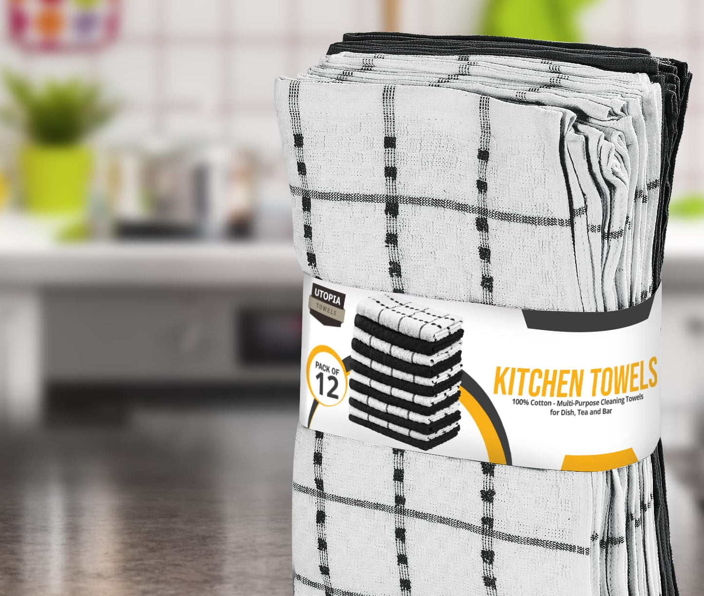 Utopia Towels Kitchen Towels, 12 Pack, 15 by 25 Inches, Dobby Weave, 100% Ring Spun Cotton, Super Soft and Absorbent Dish, Tea, and Bar Towels, Black - Available at All In One Marketplace Canada