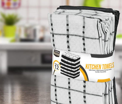 Utopia Towels Kitchen Towels, 12 Pack, 15 by 25 Inches, Dobby Weave, 100% Ring Spun Cotton, Super Soft and Absorbent Dish, Tea, and Bar Towels, Black - Available at All In One Marketplace Canada