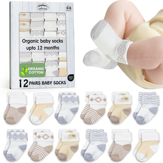Mother's Choice Organic Cotton Baby Socks 0–6 Months, 12 Pairs Newborn & Infant Socks Soft Hypoallergenic Breathable Gentle On Delicate Skin Stretch Fit Comfortable Daily Essentials For Little Ones - Available at All In One Marketplace Canada