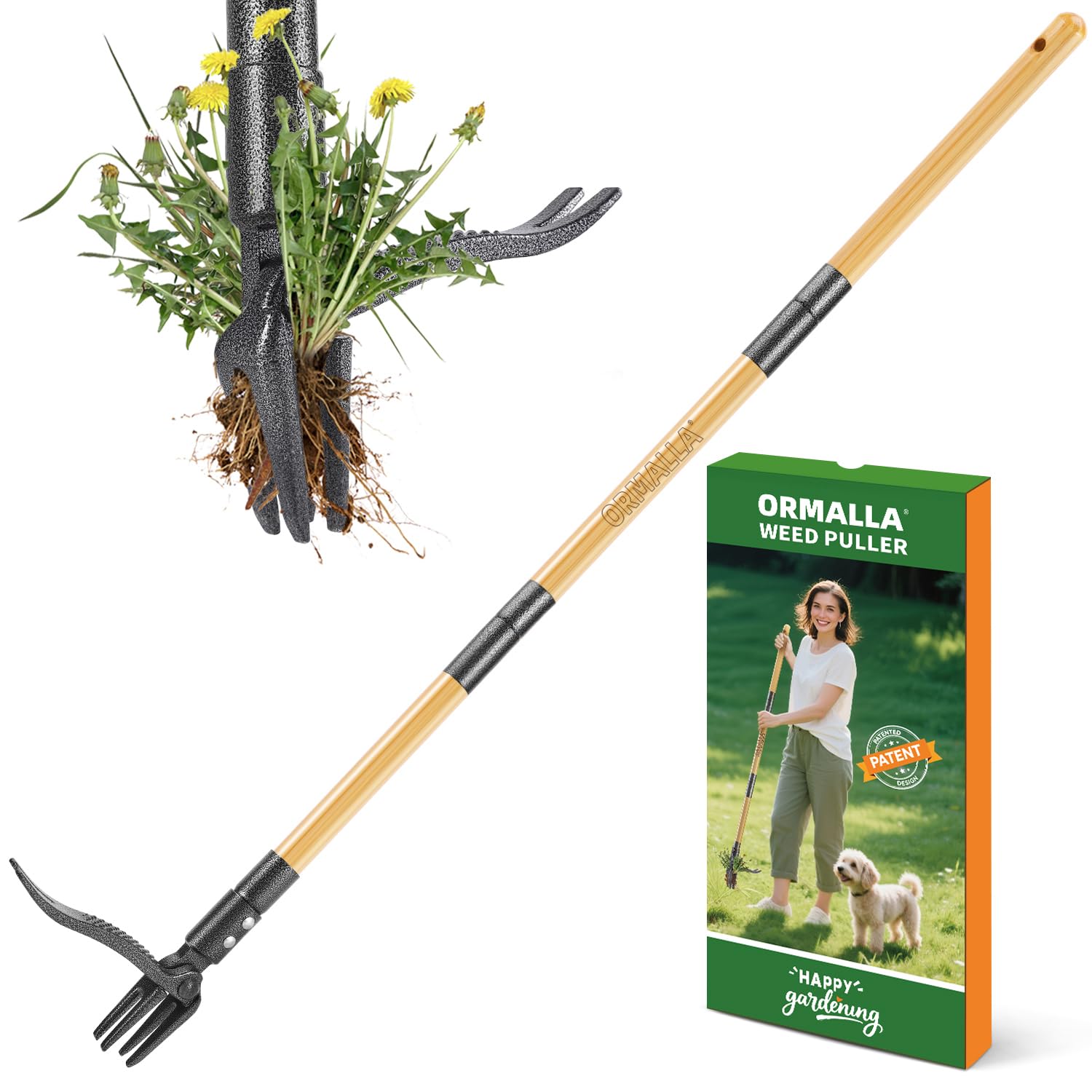 ORMALLA Weed Puller, 43.7in Long Handle Weed Remover, Dandelion Removal Tool, Natural Bamboo Handle and 4 Claws, Stand Up Garden Weed Root Remover, Pet Friendly (43.7in) - Available at All In One Marketplace Canada