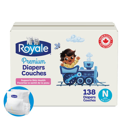 Royale Premium Diapers, Size Newborn (up to 10lb), 138 Count, Disposable Baby Diapers (Packaging may vary)