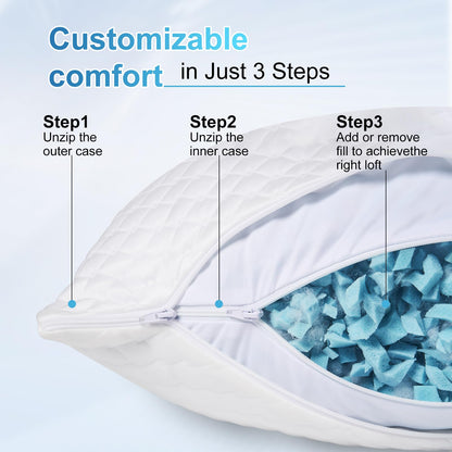 NTCOCO Cooling Bed Pillows Queen Size Pack of 2 for Sleeping Shredded Memory Foam Bed Pillows Adjustable Gel for Side Stomach Back Sleepers Washable Removable Cover Cover - Available at All In One Marketplace Canada