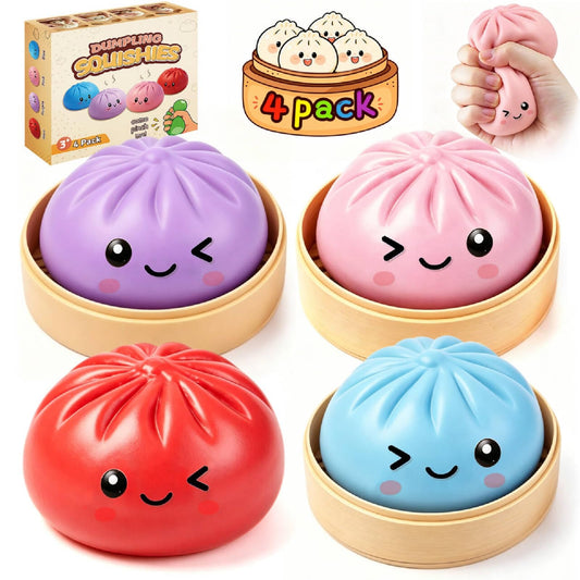 Dumpling Squishy 4 Pack, Glitter Dumpling Squishy Fidget Sensory Toys, Colorful Dumplings Squishies Stress Balls for Anxiety Relief, Bao Bun Squeeze for Kids Adults Presents