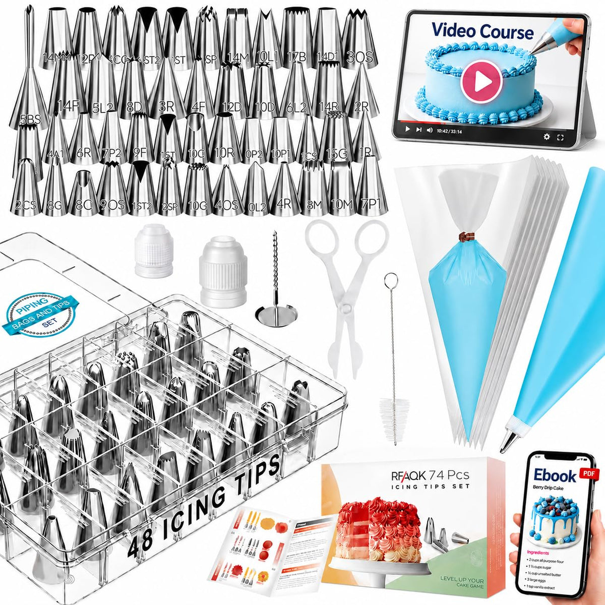 Cake Decorating Kit Supplies | RFAQK 74 PCs Piping Bags and Tips-48 Numbered Stainless Steel Piping Tips & Icing Bags-Reusable Silicon Bag, Couplers with Pattern Chart, EBook & Other Icing Piping Set 🍁 All In One Marketplace Canada
