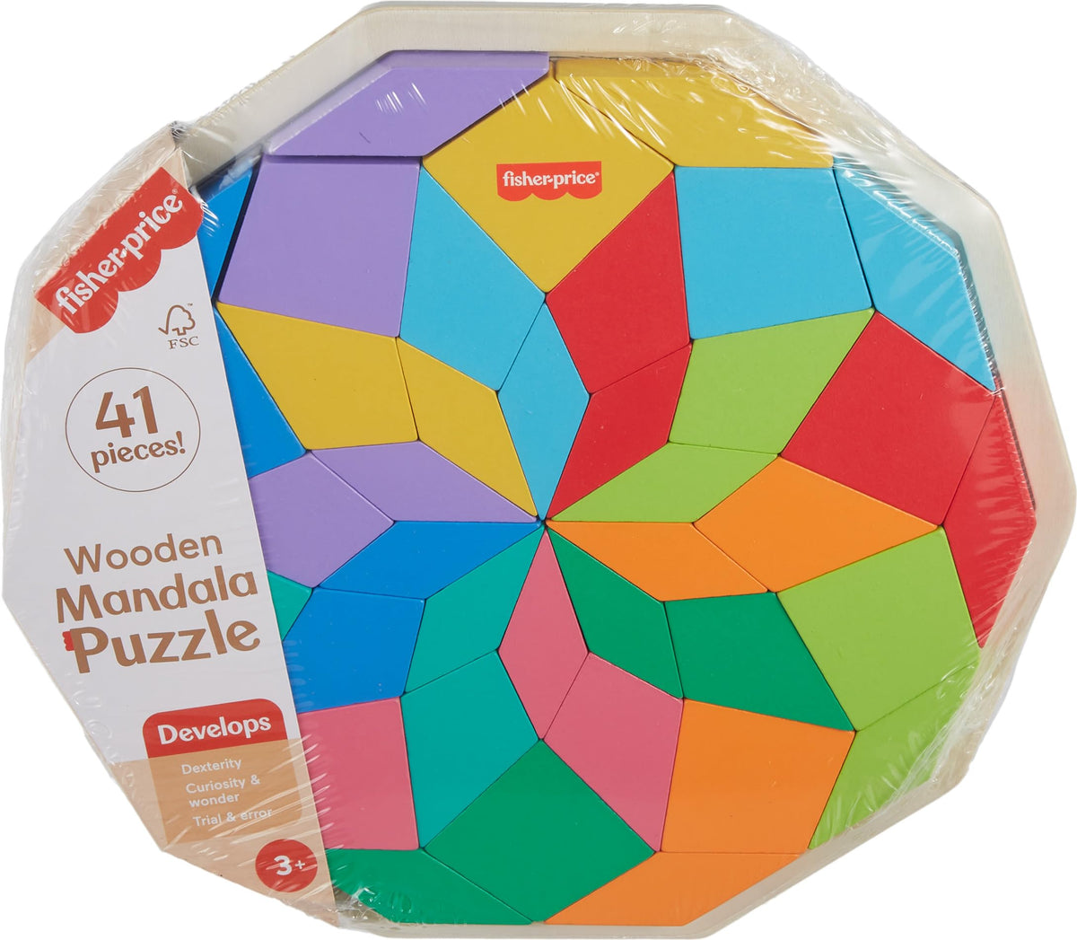 Fisher-Price Wood Preschool Toy Mandala Puzzle with Geometric Design, 41 Wooden Pieces for Kids Ages 3+ Years