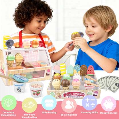 Wooden Ice Cream Toys Kids Pretend Play Store Toys for Toddlers Girls 3-5, Play Kitchen Accessories with Counter & Menu, Wooden Food Christmas Birthday Gifts for 3 4 5 Year Old Girls Boys 🍁 All In One Marketplace Canada