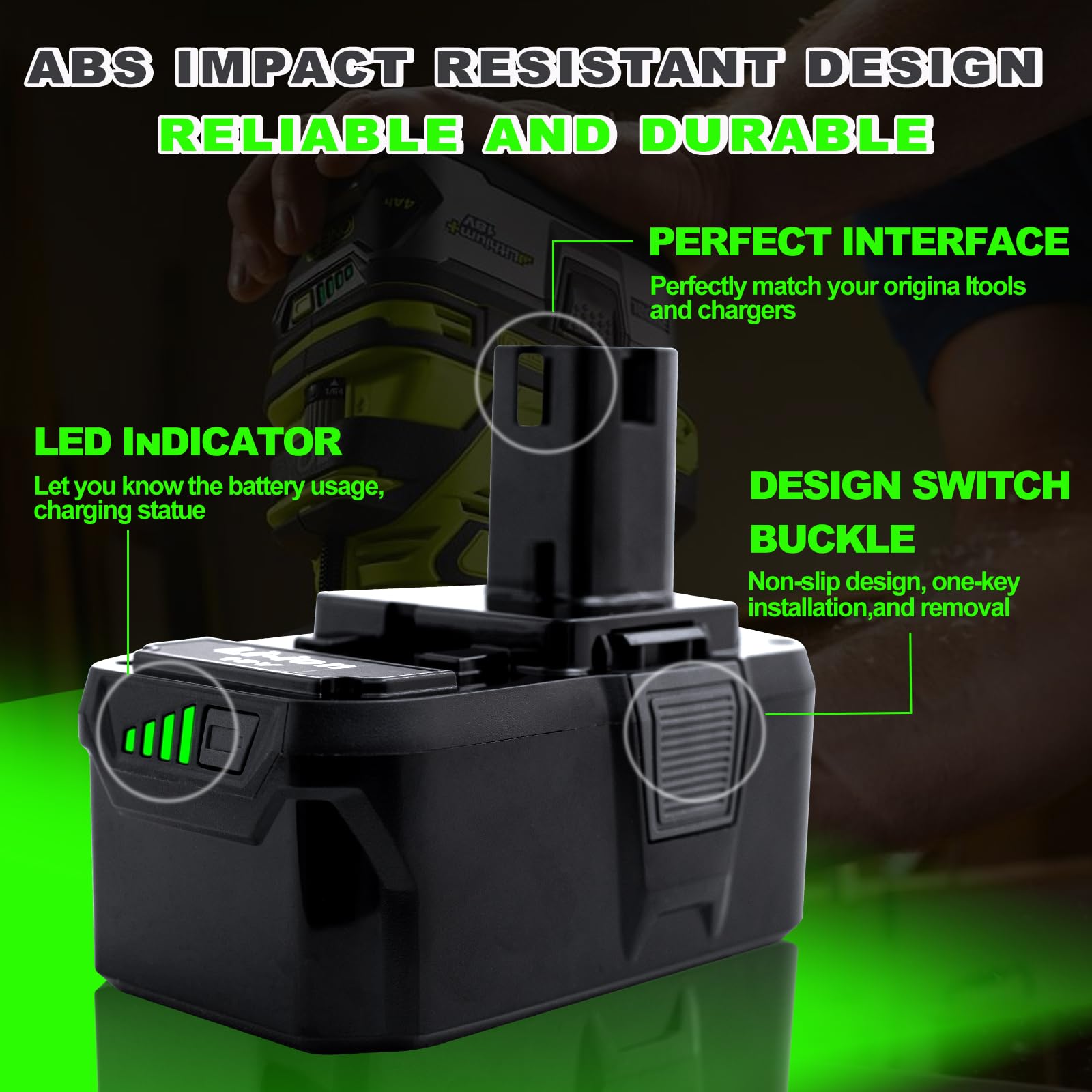 2 Packs 18V Battery Replacement for Ryobi 18V Lithium-Ion Battery, Compatible with Ryobi 18 Volt Batteries Cordless Power Tools - Available at All In One Marketplace Canada