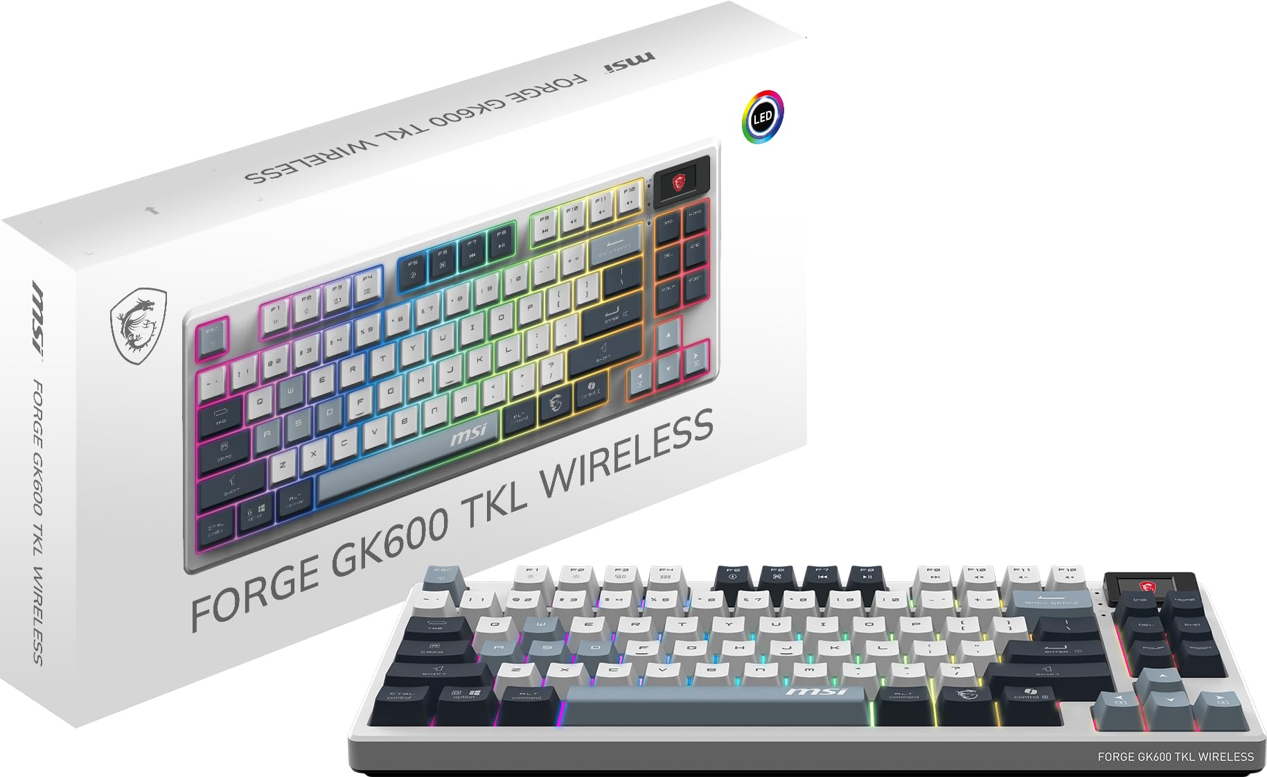 MSI Forge GK600 TKL W Sky US 2.4GHz Wireless (MS-8ZA9 and WD02), Bluetooth RGB Lighting Gaming Keyboard with 1.06-inch Display, 4000mAh MSI