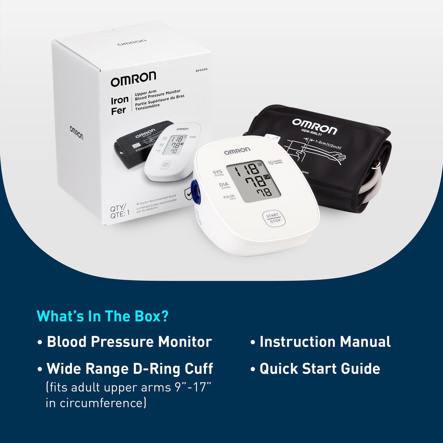 OMRON Iron Upper Arm Blood Pressure Monitor - Clinically Validated Blood Pressure Cuff - Medical Grade with Wide Range 17" Arm Cuff - Available at All In One Marketplace Canada