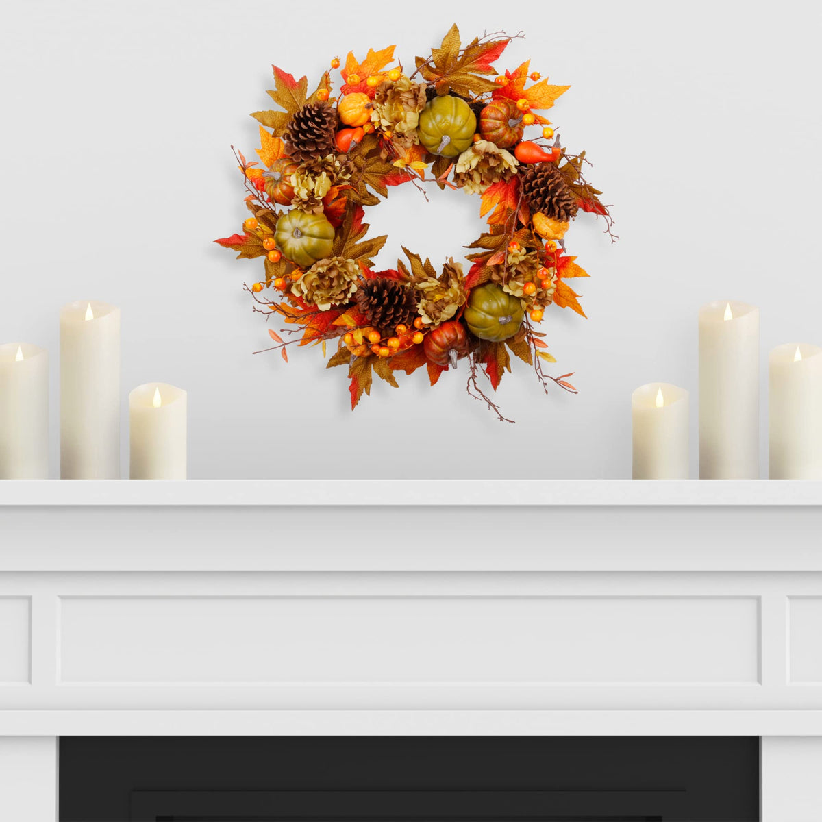 Couronne d'automne SOFTFLAME de 50 cm pour porte d'entrée, couronne artificielle automnale avec citrouille, pommes de pin, feuilles d'érable et baies, idée cadeau pour la décoration de la maison pour Halloween et Thanksgiving