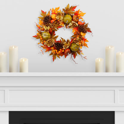 Couronne d'automne SOFTFLAME de 50 cm pour porte d'entrée, couronne artificielle automnale avec citrouille, pommes de pin, feuilles d'érable et baies, idée cadeau pour la décoration de la maison pour Halloween et Thanksgiving