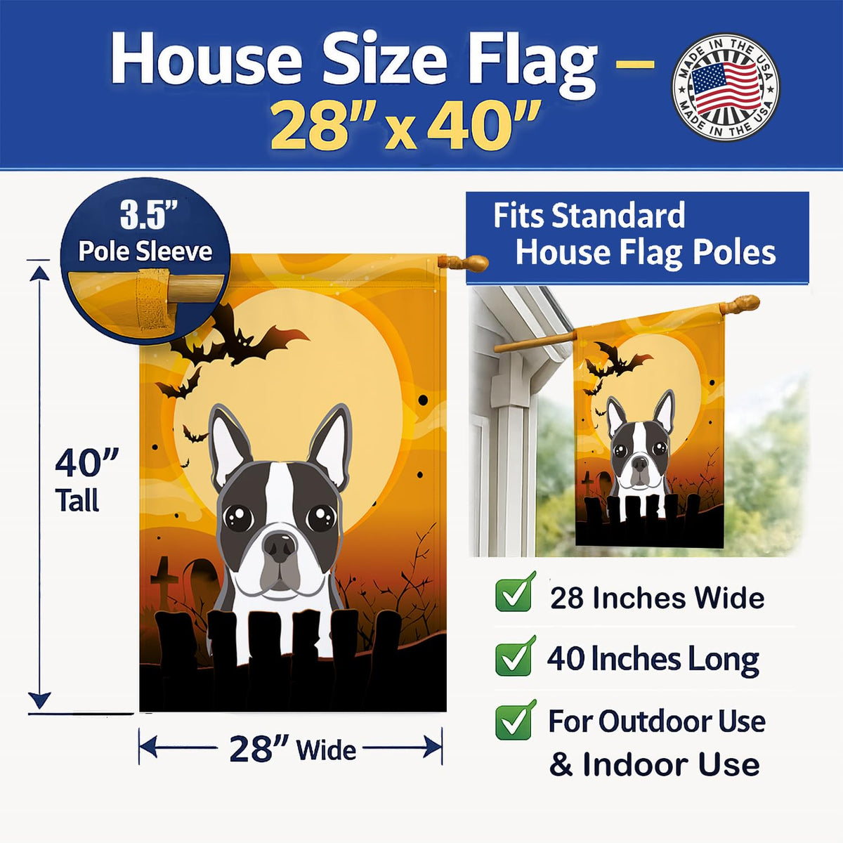 Drapeau de maison en toile Caroline's Treasures BB1761CHF Halloween Boston Terrier, multicolore, grand
