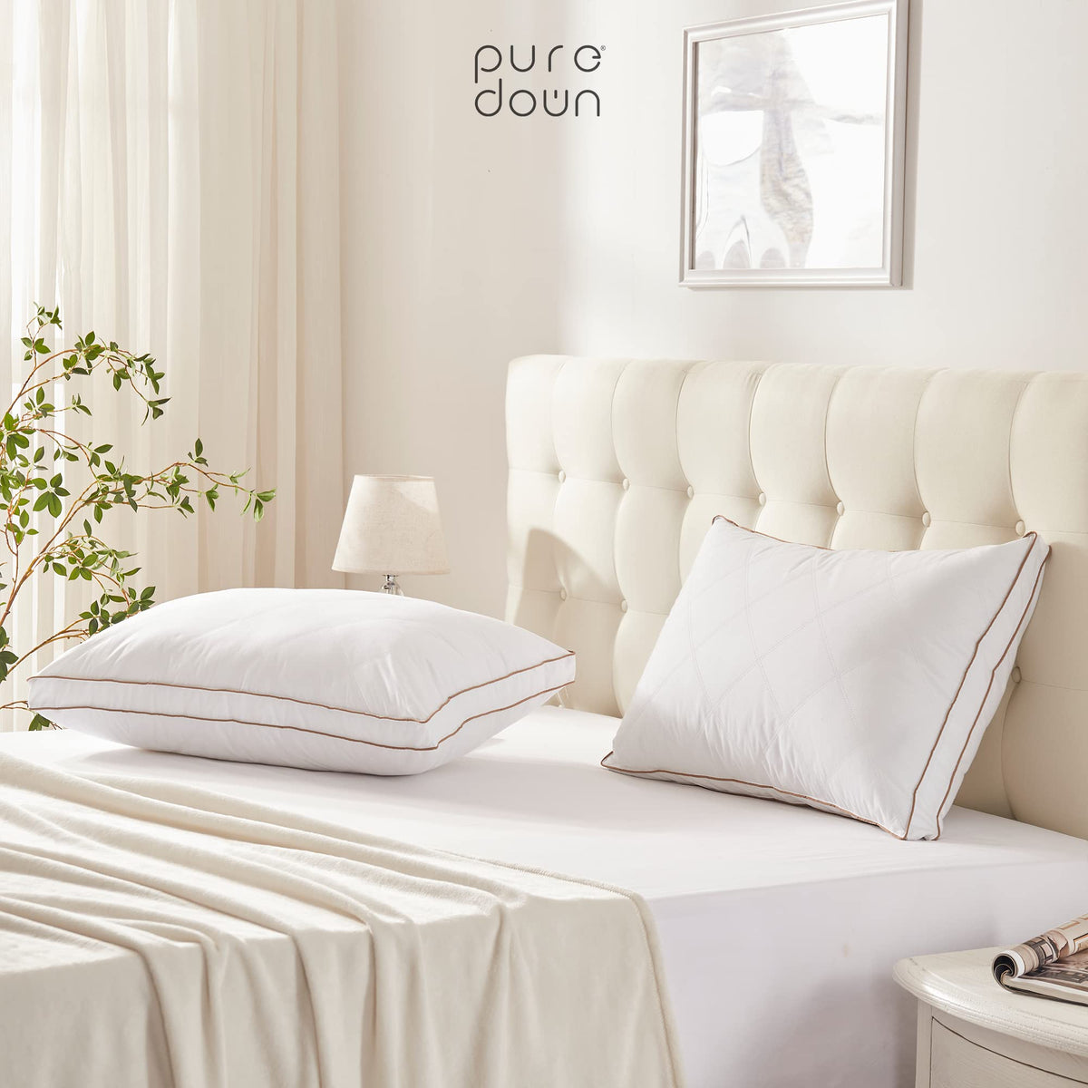 Puredown® Goose Feather Down Pillows for Sleeping, Gusseted Bed Hotel Pillows Standard Size Set of 2 with 100% Cotton Fabric