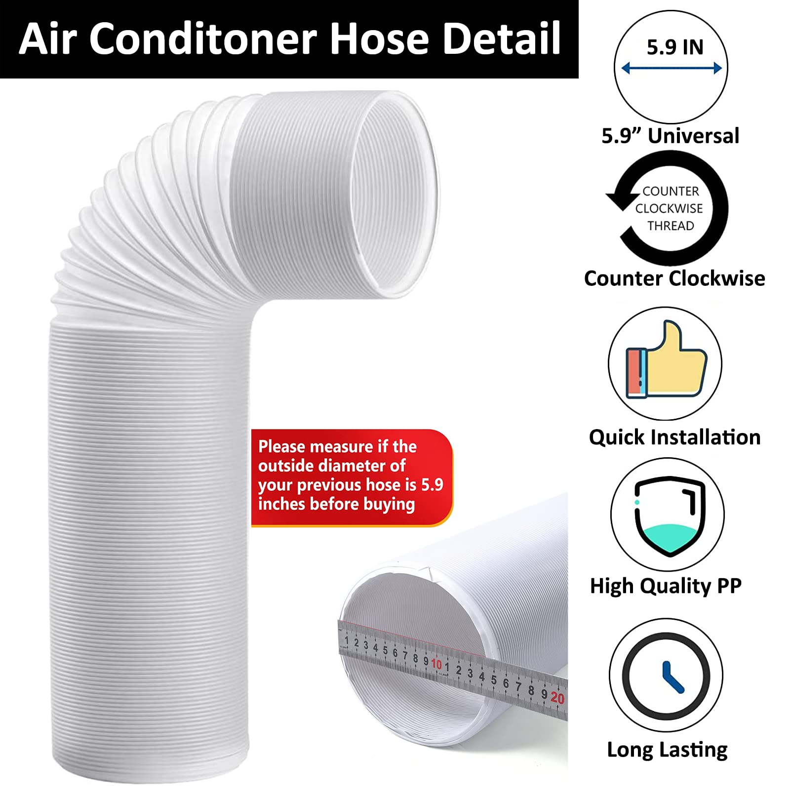 FUBININA 80" Portable Air Conditioner Hose, AC Hose with 5.9" Diameter, Anti-Clockwise Thread AC Exhaust Hose for Portable AC Vent Replacement Tube Compatible with LG Air Conditioner Part - Available at All In One Marketplace Canada