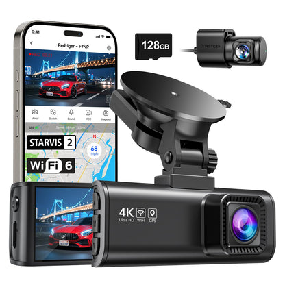 REDTIGER 4K Dash Cam Front and Rear with STARVIS 2, 5.8GHz Wi-Fi Dash Camera for Cars, 128GB Card Included, GPS, 3.18”IPS Screen, Night Vision, 170°Wide Angle, WDR, 24H Parking Mode(F7NP)