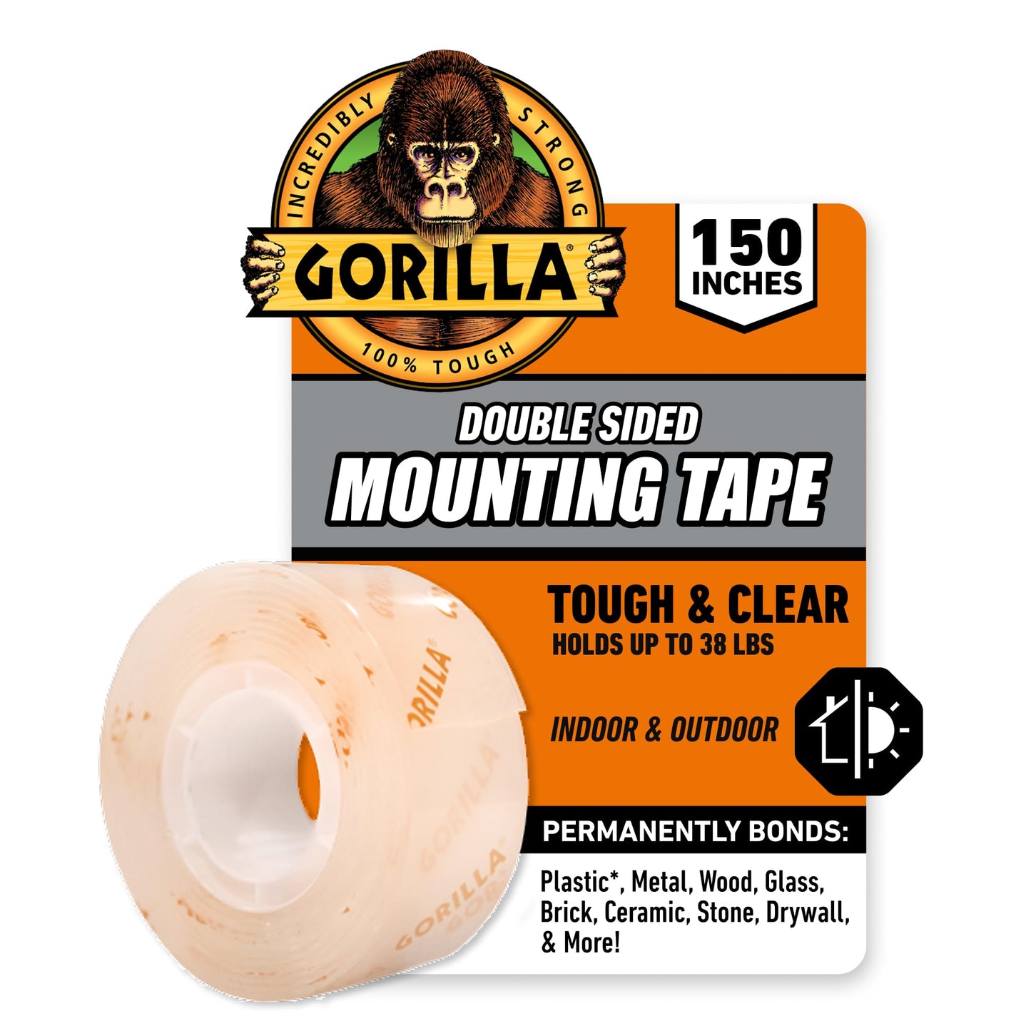 Gorilla Tough & Clear Double Sided XL Mounting Tape, Incredibly Strong Adhesive, Instant Hold, Weatherproof, 1 in x 150 in, (Pack of 1)