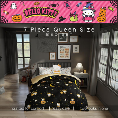 Sanrio Hello Kitty Halloween Pumpkin Queen Bed Set – Super Soft & Cozy 5 Piece Reversible Comforter and Sheet Set (Officially Licensed Product) by Franco