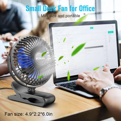 BESKAR USB Powered Clip on Fan, Portable Small Fan with Cord, 3 Speeds Strong Airflow, Personal Fan with Sturdy Clamp, Quiet Desk Fan & Clip Fan - Available at All In One Marketplace Canada