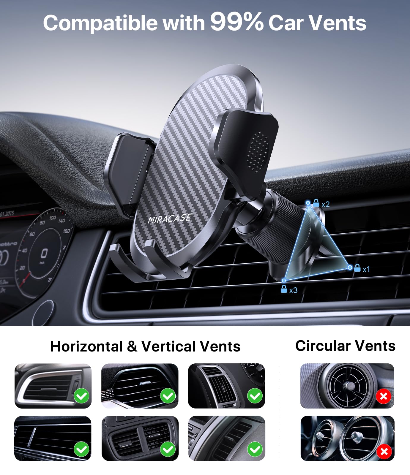 Miracase [2026 Upgraded Strong Military Grade Suction Cup] Car Phone Holder for Cars Dashboard Windscreen Air Vent Desk, 4 in 1 Mobile Phone Mount Automobile Cradle Stand for All Smartphones