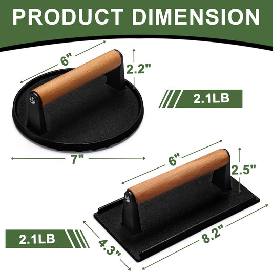EWFEN Burger Press, 7" Round & 8.2"X4.3" Rectangle Heavy-Duty Cast Iron Smash Bacon Press Meat Steak with Wood Handle for Griddle, Sandwich, Nonstick Pan - Available at All In One Marketplace Canada
