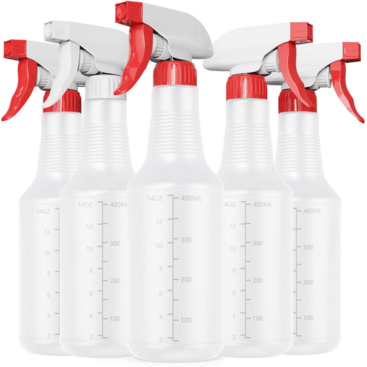 Veco Spray Bottle (5 Pack,16 Oz) with Measurements and Adjustable Nozzle(Mist & Stream Mode), HDPE Plastic Spray Bottles for Cleaning Solution,No Leak and Clog