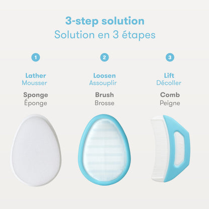 Frida Baby The 3-Step Cradle Cap System Kit & Cradle Cap Treatment, DermaFrida The FlakeFixer, Sponge, Brush, Comb and Storage Stand for Babies with Cradle Cap, White-Blue