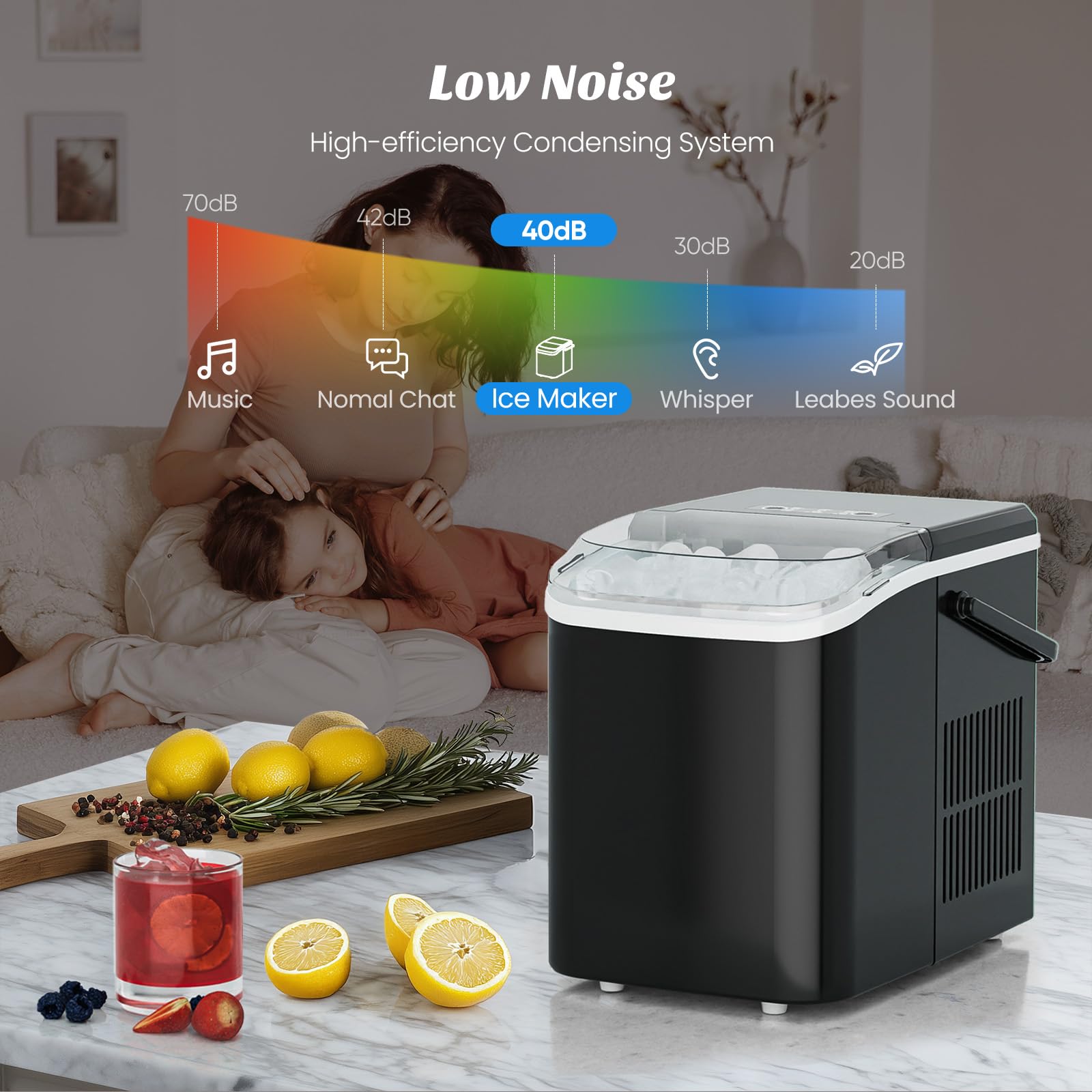 Sweetcrispy Countertop Ice Maker with Handle, 26lbs/24H Portable Ice Machine, 9 Bullet Ice Cubes Ready in 6 Mins, Self-Cleaning, Quiet Compact Ice Maker for Home, Kitchen, RV, Camping, Black - Available at All In One Marketplace Canada