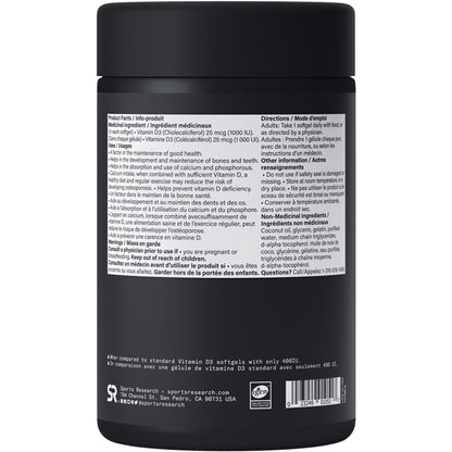 Sports Research® Vitamin D3 1,000 IU with Coconut Oil - Vitamin D for Strong Bones, Teeth, and Maintenance of Good Health - Non-GMO, Gluten & Soy Free - 360 Liquid Softgels