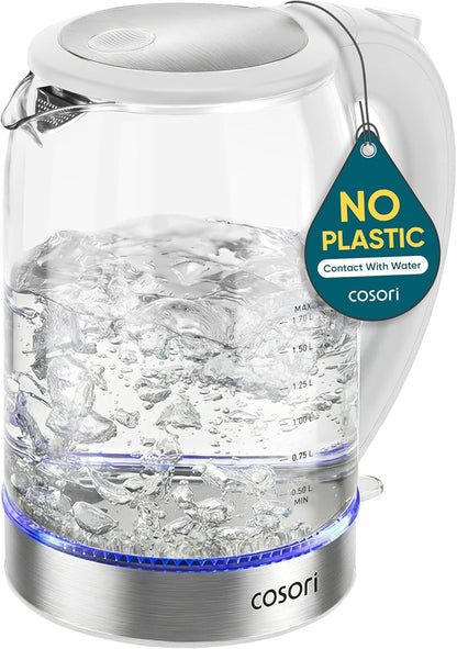 Cosori Glass Electric Kettle 1500W, Plastic-Free, 1.7L, Cordless, White