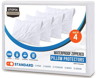 Utopia Bedding Set of 4 Waterproof Pillow Protectors with Zipper Standard Size (White), Ultra Soft Pillow Covers, Bed Bug and Dust Mite Proof Pillow Encasements, Moisture Wicking Pillow Cases