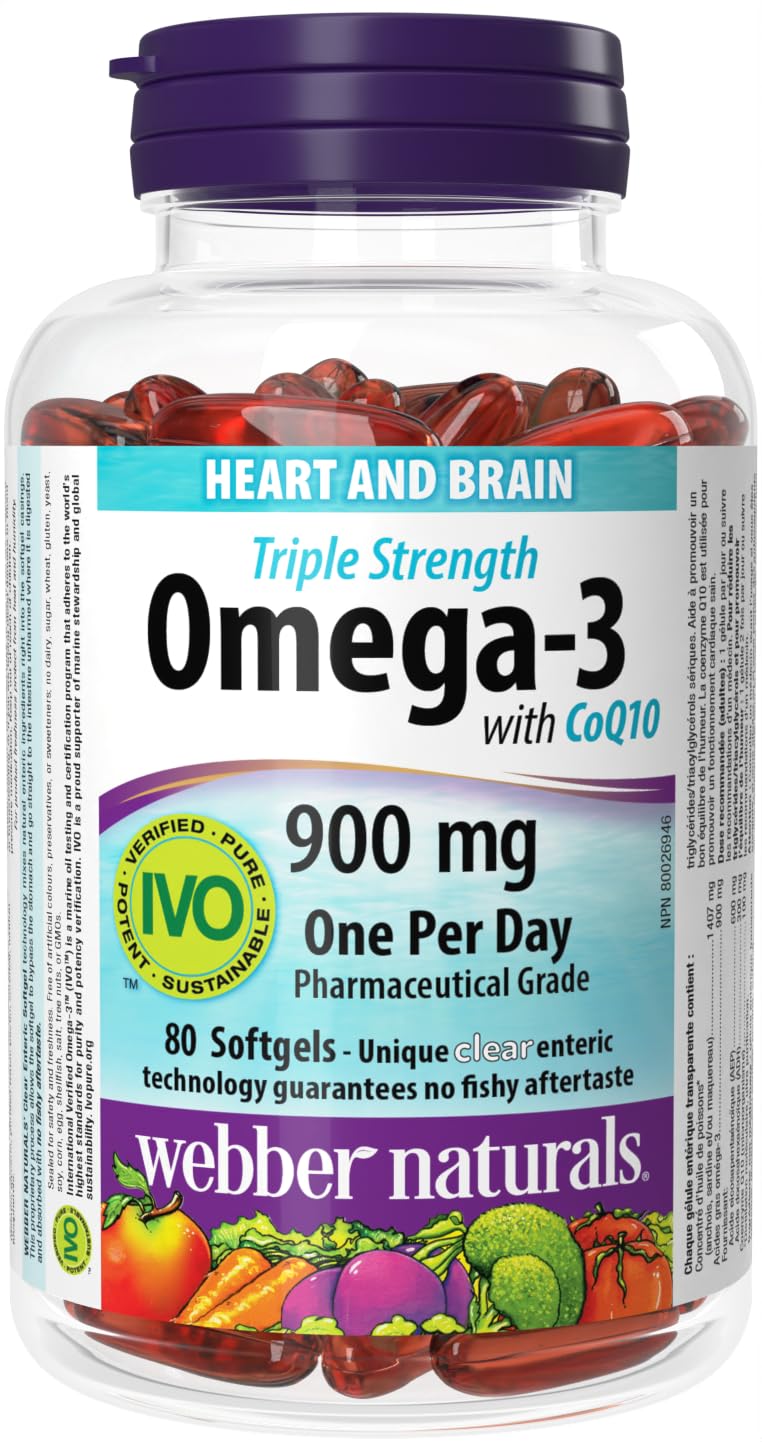 Webber Naturals Omega-3 with CoQ10, 80 Clear Enteric No Fishy Aftertaste Softgels, Supports Cardiovascular Health and Brain Function - Available at All In One Marketplace Canada