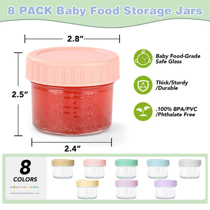 8 Pack Glass Baby Food Storage Containers, 4 oz Leakproof Baby Food Jars with Lids, Small Glass Food Containers for Infant Baby Food, Freezer & Microwave Safe, BPA Free