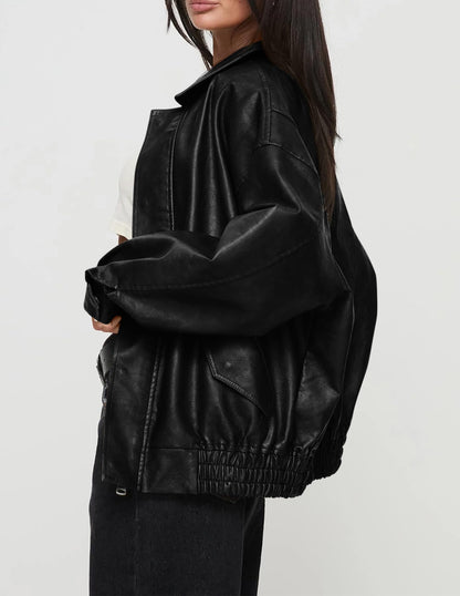 PRETTYGARDEN Women's Faux Leather Motorcycle Jacket Trendy Fall Spring Clothes Oversized Zip Up Winter Coat Outerwear (Black,Small) 🍁 All In One Marketplace Canada