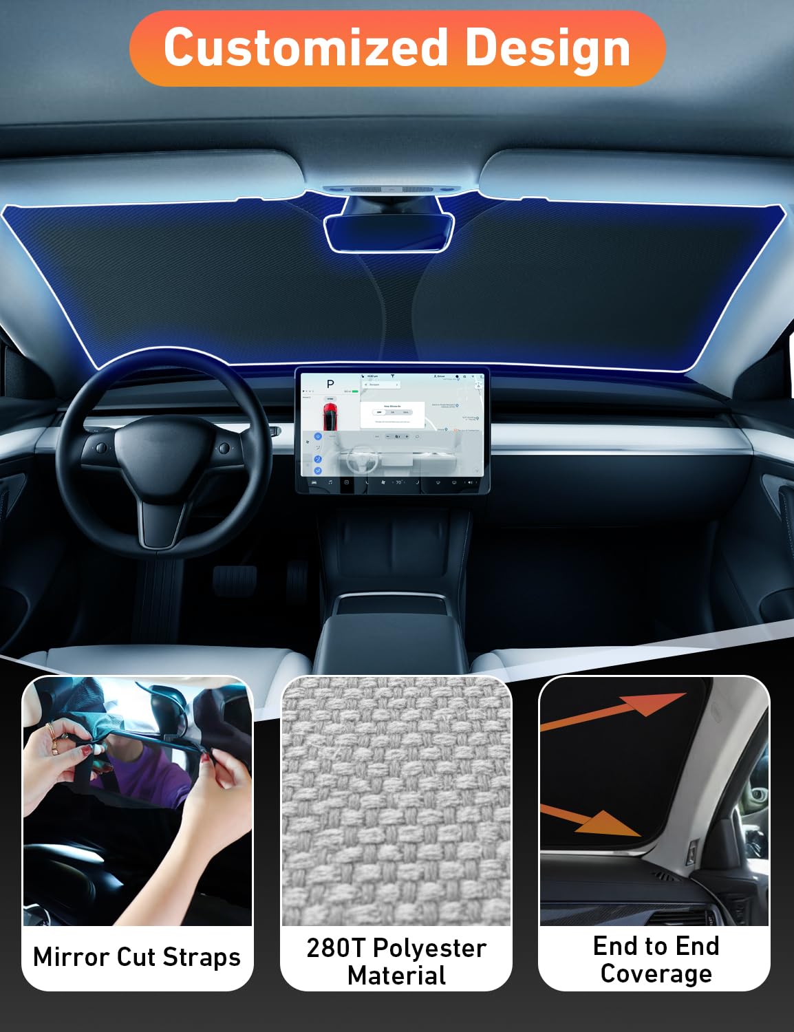 EcoNour Tesla Windshield Sunshade | 240T Polyester Shield for Model 3/Y | Superior UV & Heat Protection