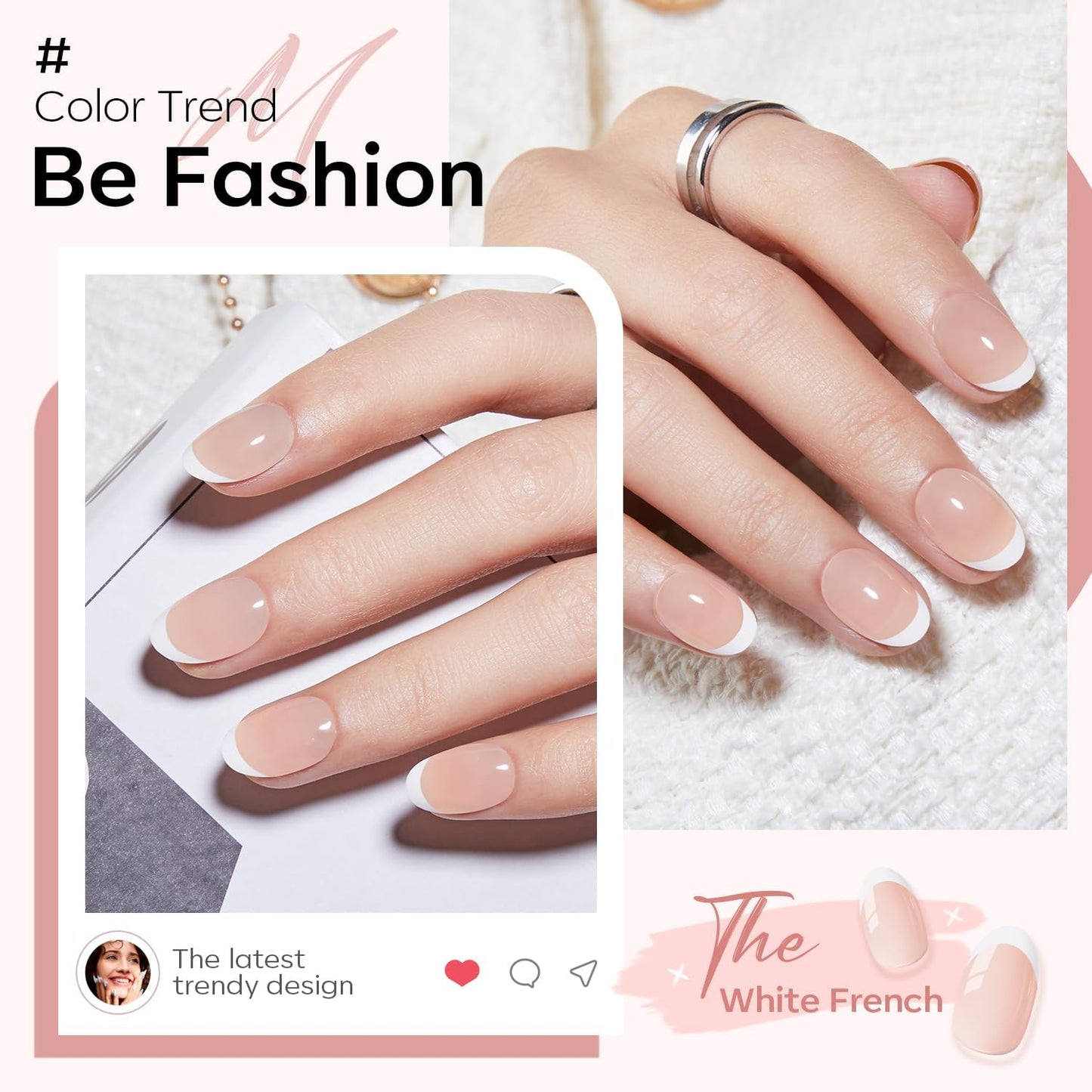 Modelones French Tip Press On Nails, Short Oval Fake Nails Press Ons with Nail Glue, Adhesive Tabs, Nail File, Prep Pad, Manicure Stick, 32Pcs 16 Sizes, Nude, Valentines