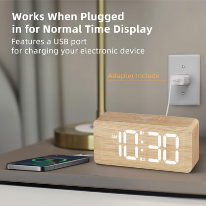 Wooden Digital Alarm Clocks for Bedrooms: Dimmable Dual Alarm Clock with Large Numbers for Bedside Desk - Bamboo
