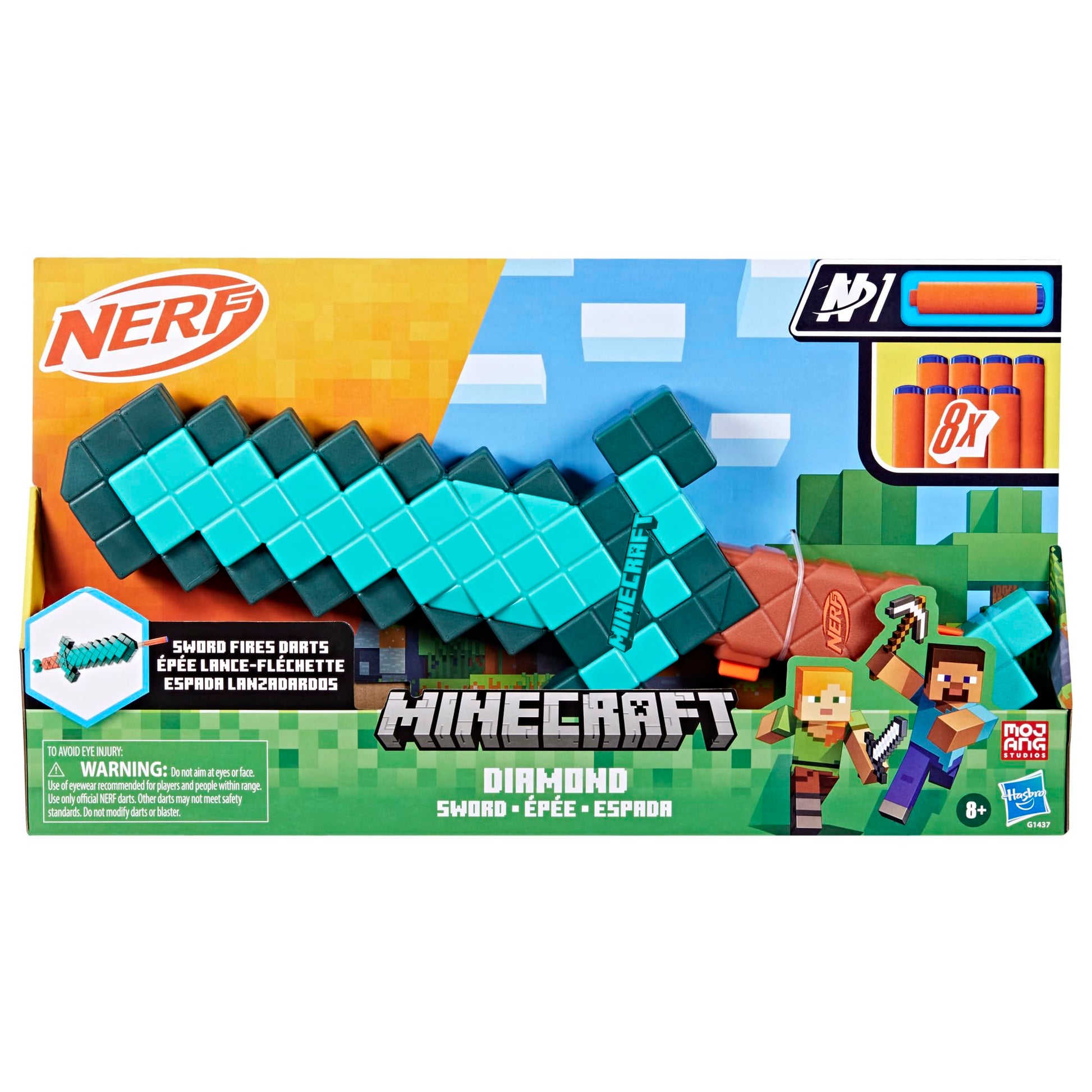 Nerf Minecraft Sword Dart Blaster, Pull Back Priming, Foam Edge, 8 Nerf N1 Darts, Ages 8+ Nerf