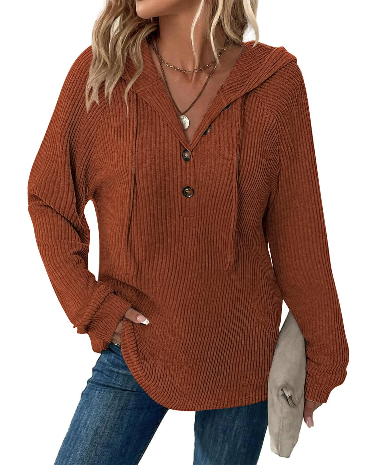 RIROW Womens Tops Long Sleeve Shirt Fuzzy Hoodies Sweater,Mixed Caramel,L 🍁 All In One Marketplace Canada