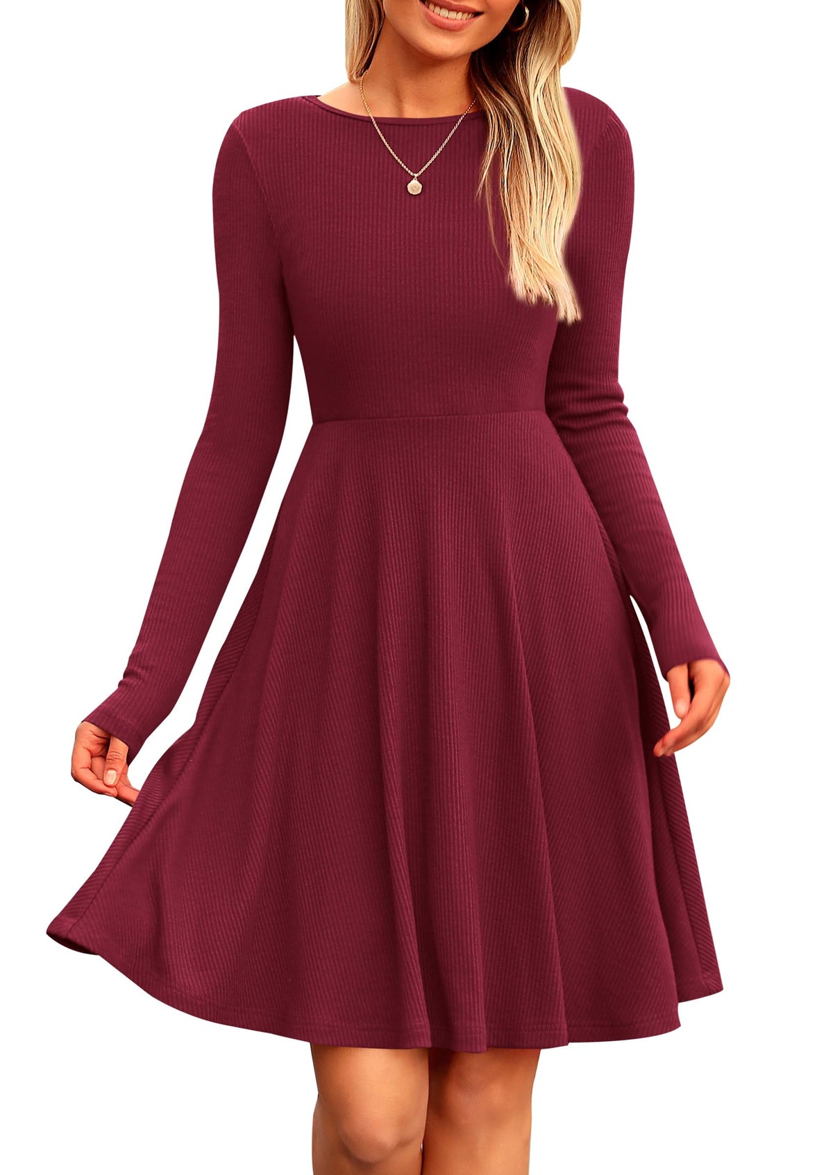PRETTYGARDEN Women's Fall Casual Long Sleeve Short Dress Wine Red,M 🍁 All In One Marketplace Canada