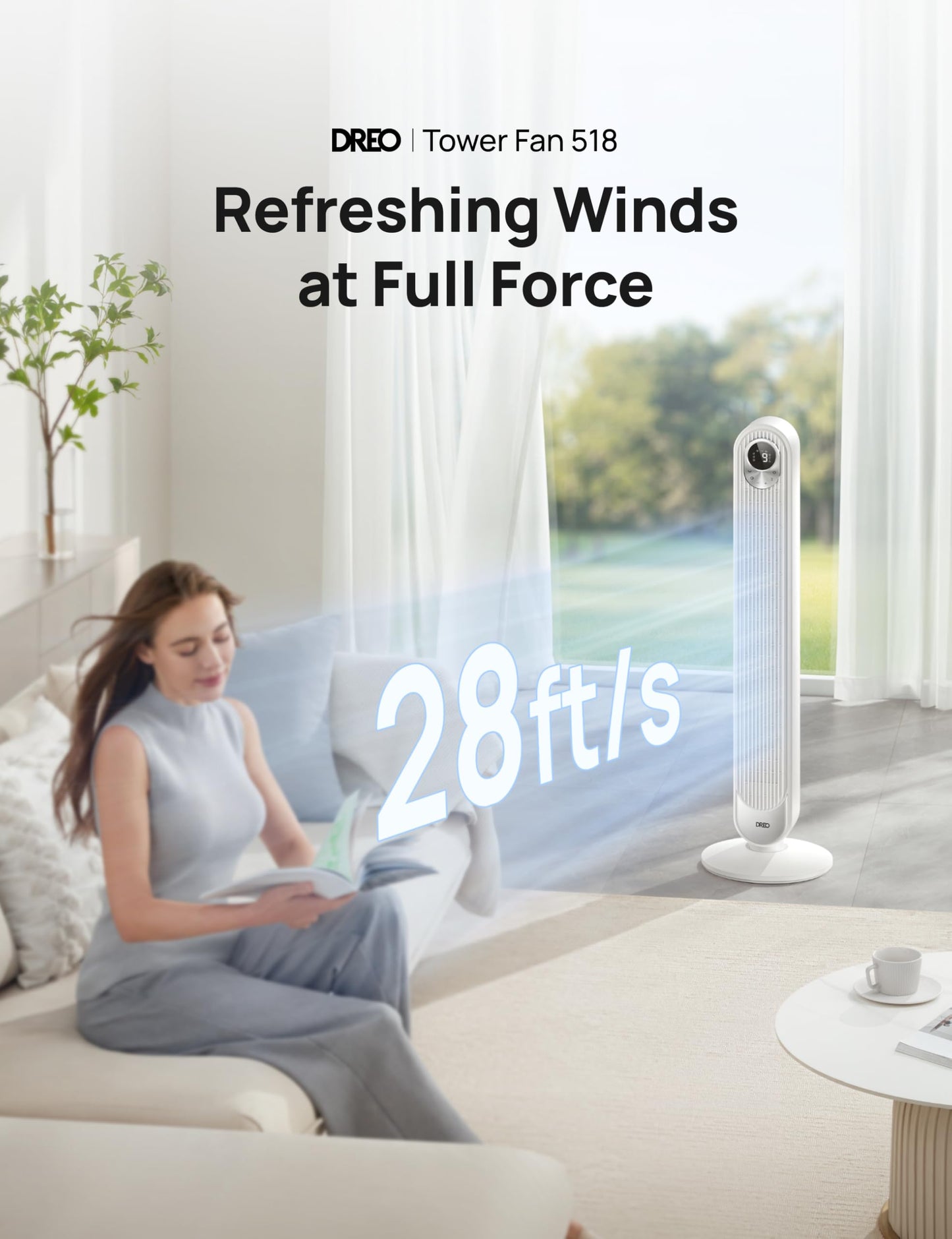 DREO Tower Fan 42 Inch, Cruiser Pro T1 Quiet Oscillating Bladeless Fan with Remote, 6 Speeds, 4 Modes, LED Display, 12H Timer, White Floor Standing Fan Powerful for Indoor Home Bedroom Office Room