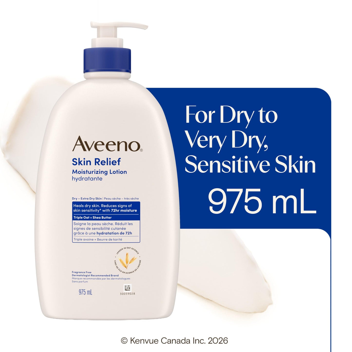 Aveeno Skin Relief Moisturizing Body Lotion Heals Very Dry, Sensitive Skin, fast absorbing Lotion with Soothing Triple Oat & Shea Butter Formula, Fragrance Free Lotion, Non-Comedogenic, 975mL