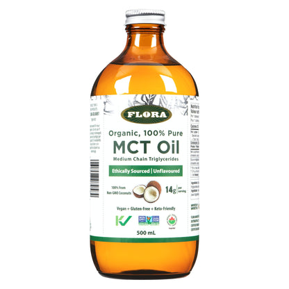 Flora MCT Oil – Organic C8 & C10 Energy Support, Keto-Friendly, Non-GMO, Sustainably Sourced Coconut, 500 mL