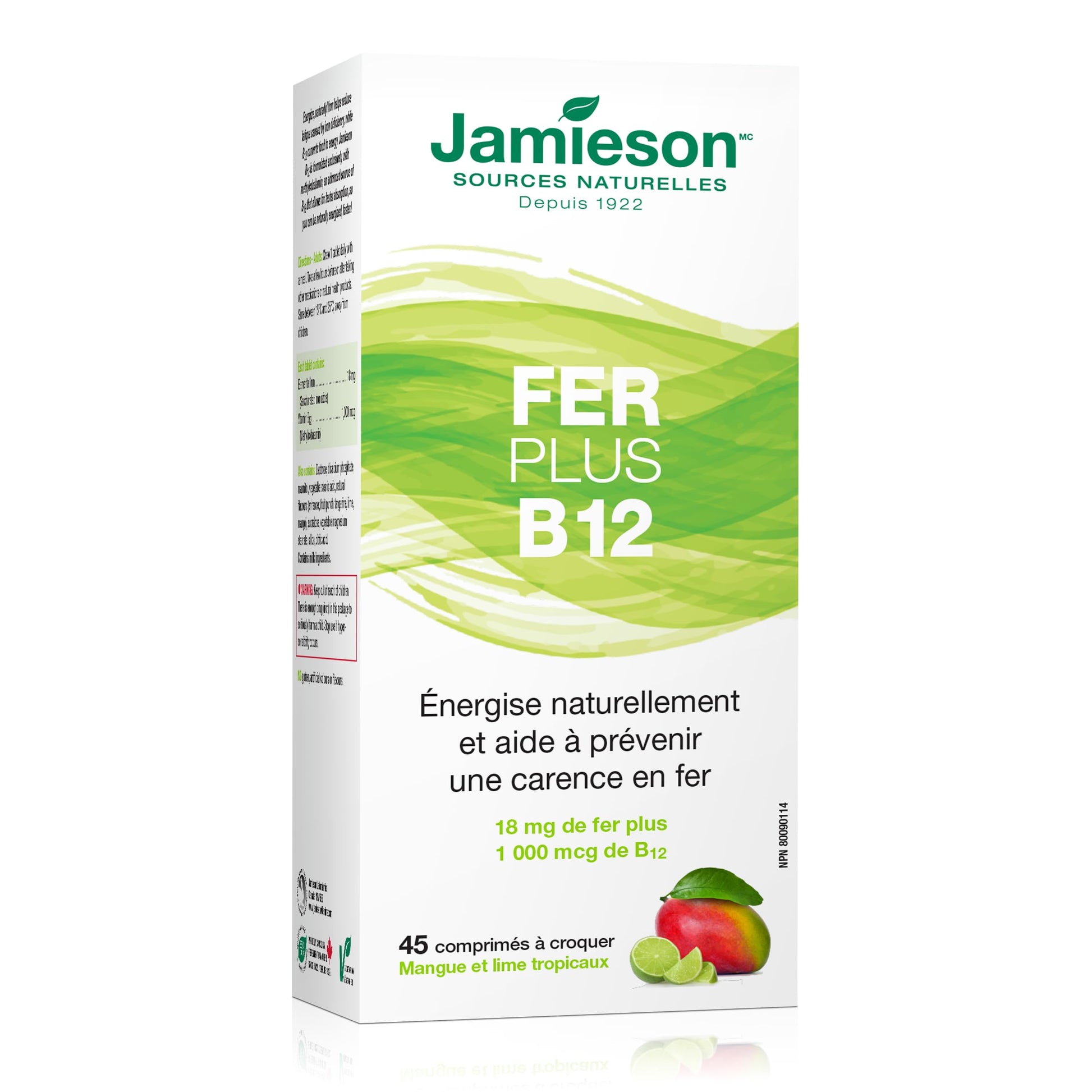 Jamieson Chewable Iron 18 mg Plus Vitamin B12 1,000 mcg Tropical Mango Lime Flavour, Helps Prevent Iron Deficiency, and Supports Natural Energy. Vegetarian, Gluten-Free, No Artificial Colours, Flavours, or Preservatives, 45 Chewable Tablets - Available at All In One Marketplace Canada