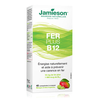 Jamieson Chewable Iron 18 mg Plus Vitamin B12 1,000 mcg Tropical Mango Lime Flavour, Helps Prevent Iron Deficiency, and Supports Natural Energy. Vegetarian, Gluten-Free, No Artificial Colours, Flavours, or Preservatives, 45 Chewable Tablets - Available at All In One Marketplace Canada