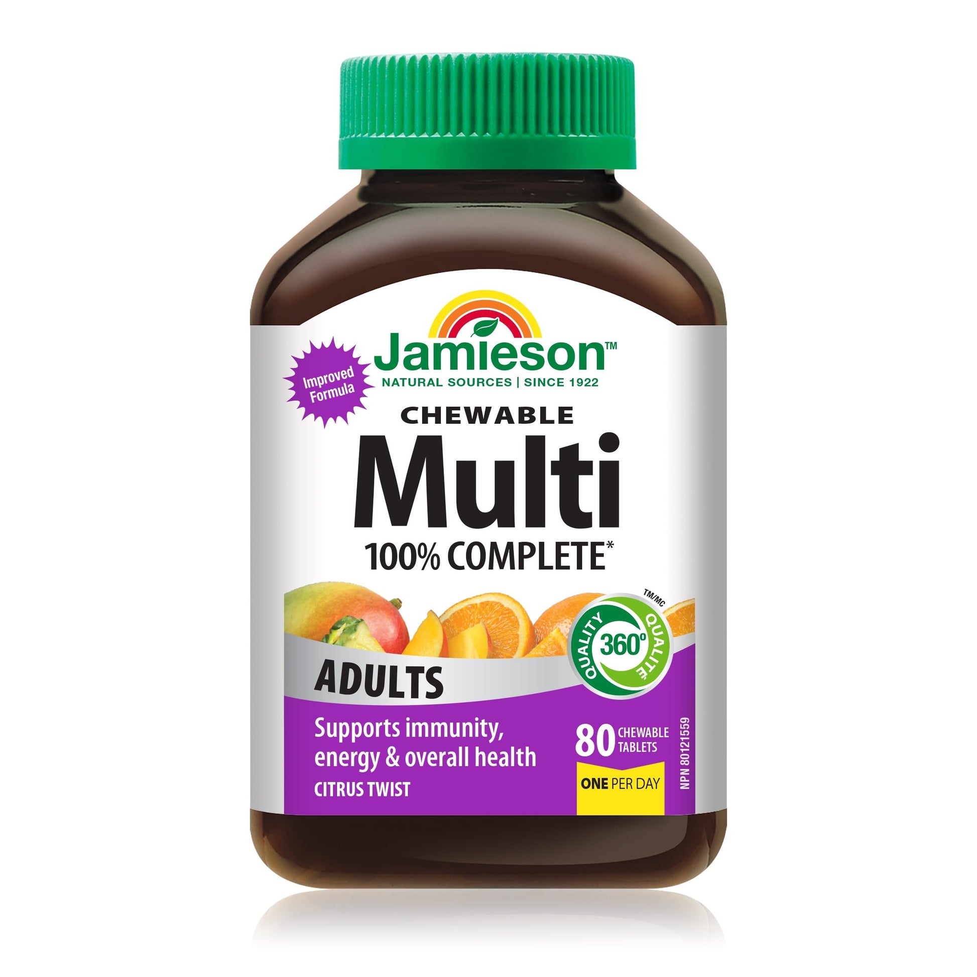 Jamieson 100% Complete Multivitamin Chewable for Adults Citrus Twist Flavour, with Lutein, Calcium, and Biotin. Supports Immunity, Energy, and Overall Health, No Artificial Colours, Flavours, or Preservatives, One Per Day, 80 Count - Available at All In One Marketplace Canada
