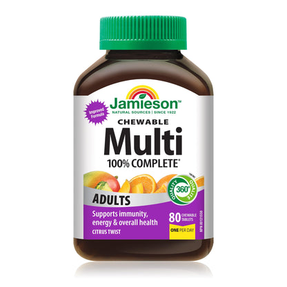 Jamieson 100% Complete Multivitamin Chewable for Adults Citrus Twist Flavour, with Lutein, Calcium, and Biotin. Supports Immunity, Energy, and Overall Health, No Artificial Colours, Flavours, or Preservatives, One Per Day, 80 Count - Available at All In One Marketplace Canada